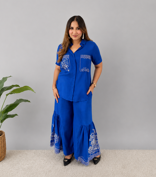 Blue Cord Set With Embroidery