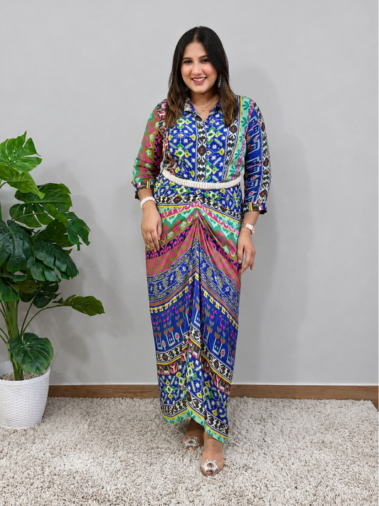 Printed Gathered Dress With Belt