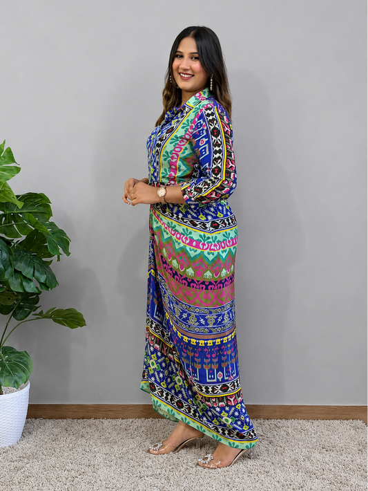 Printed Gathered Dress With Belt