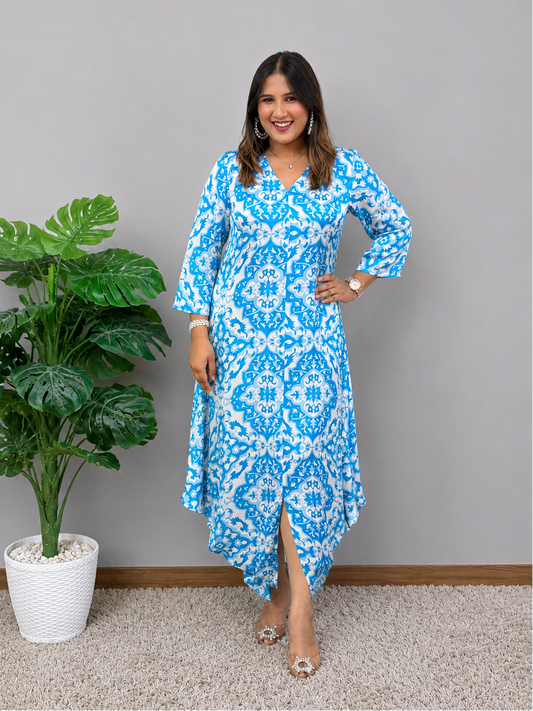 Blue And White Printed Dress