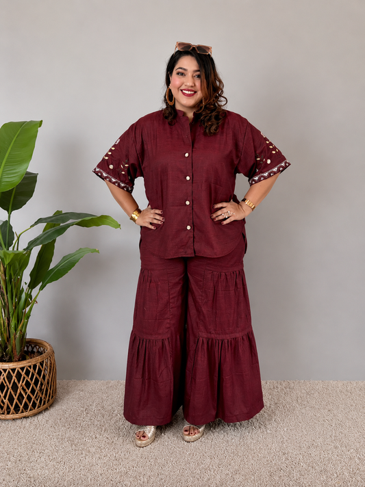 Maroon Cord Set With Embroidery