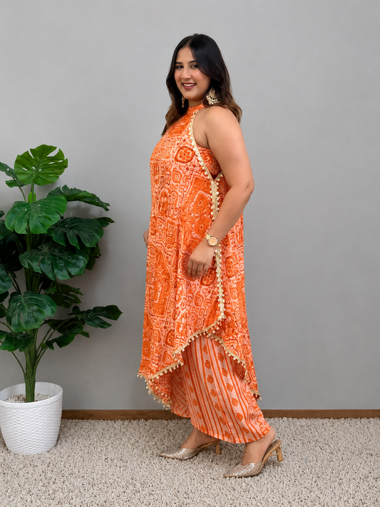 Orange Printed Halter Neck Cord Set