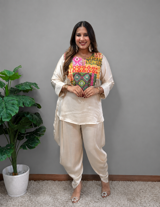 Cream Dhoti Set With Patchwork