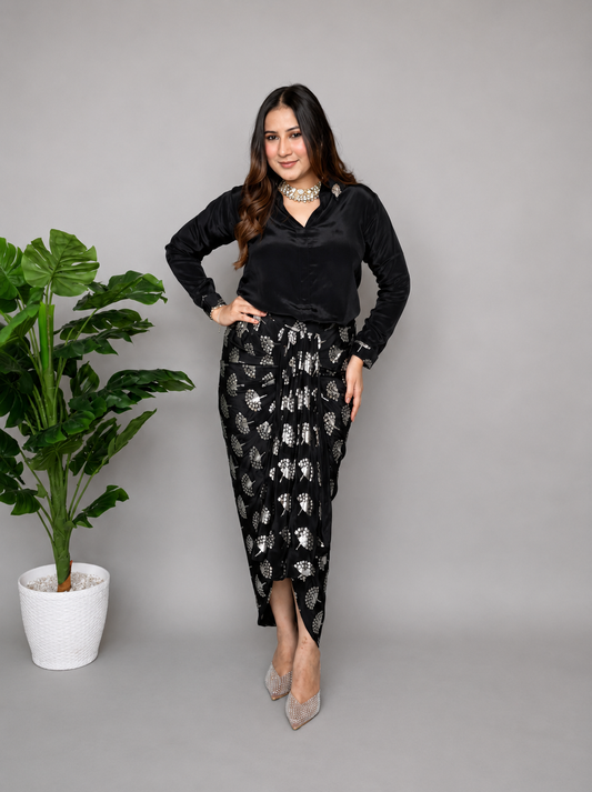 Black Skirt Set with Metallic Print