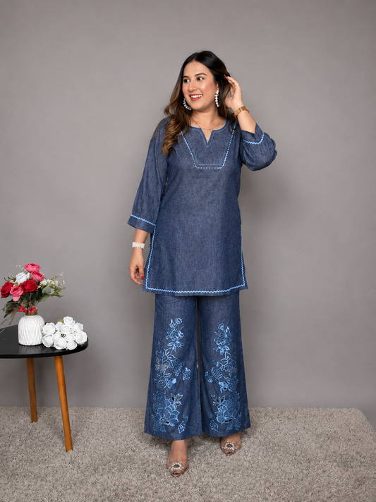 Denim Blue Cord Set with Embroidered Pants
