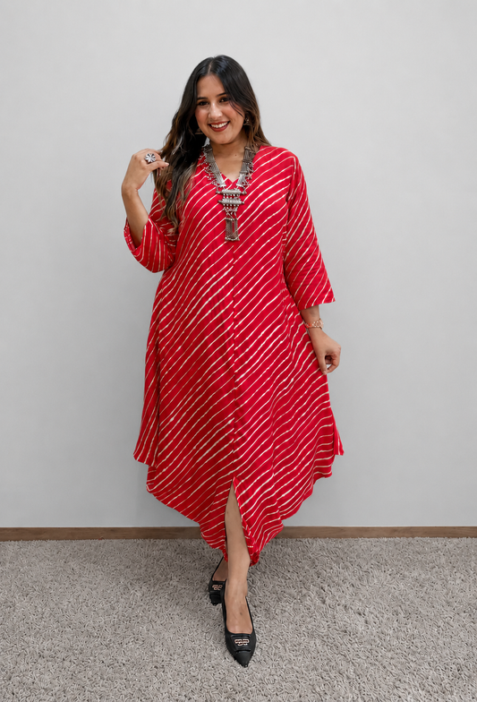 Red Leheriya Printed Dress