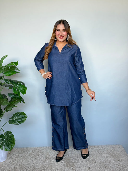 Denim Blue Cord Set with Golden Button