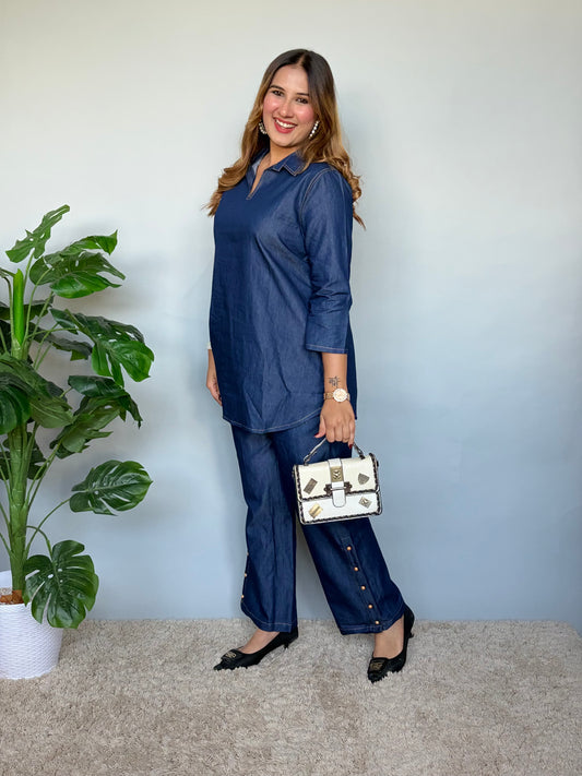 Denim Blue Cord Set with Golden Button