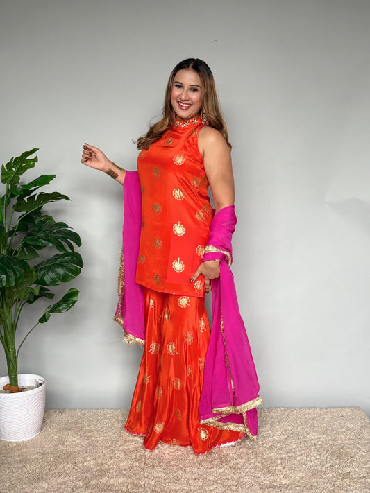 Orange Sharara Set With Pink Dupatta