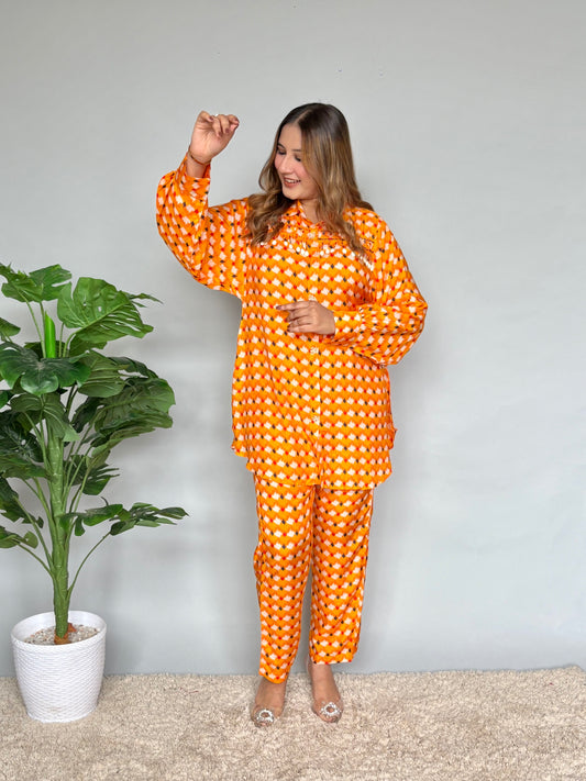 Orange Printed Cord Set With Shell Detailings