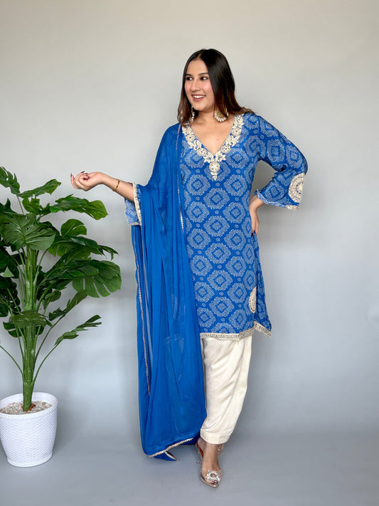 Blue Bandhani Dupatta Set with Gold Embroidery