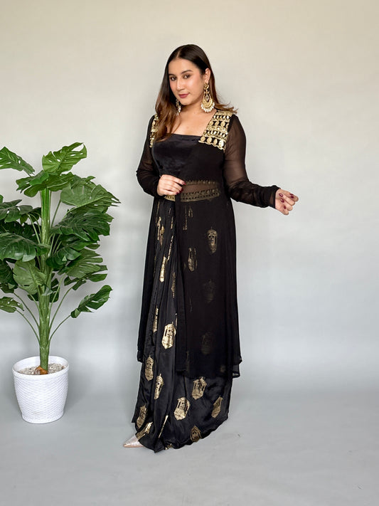 Luxurious Black And Gold 3 Piece Skirt Set