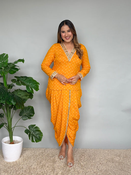 Yellow Bandhani Print Skirt Set With Mirrorwork