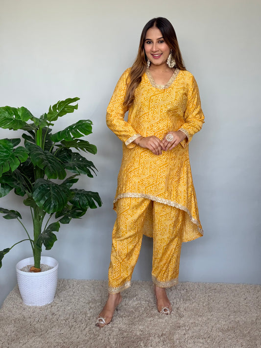 Yellow Bandhani Print Cord Set