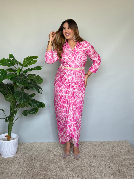 Pink Gathered One Piece Dress With Belt