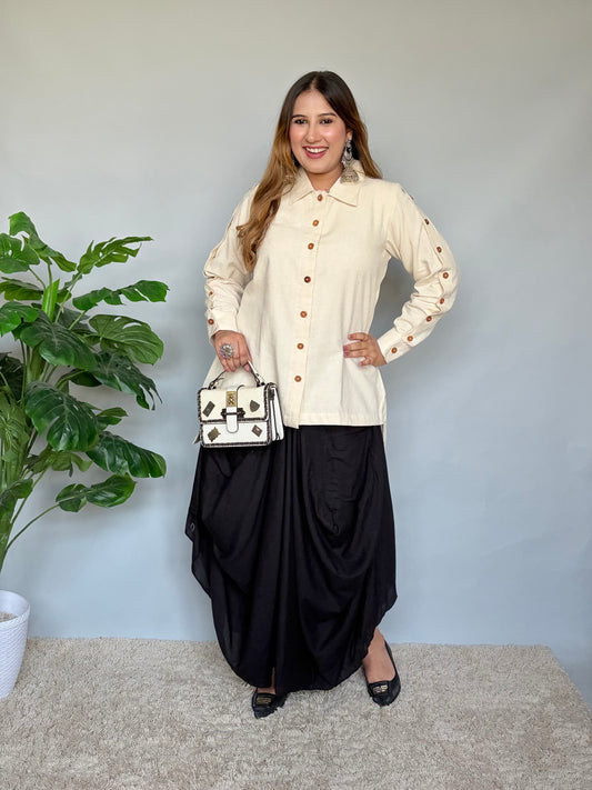White Shirt With Black Cowl Skirt