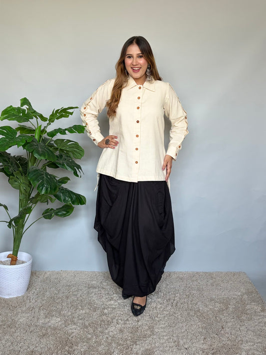 White Shirt With Black Cowl Skirt