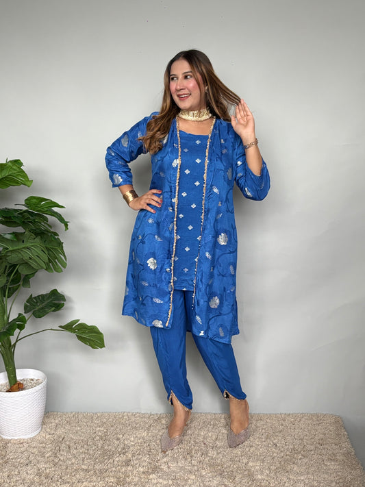 Blue Dhoti Set With Jacket