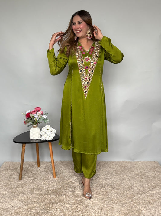 Olive Green Cord Set With Mirrorwork