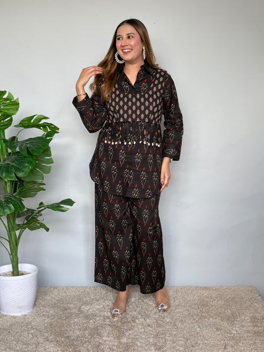 Black Printed Cord Set With Crop Top