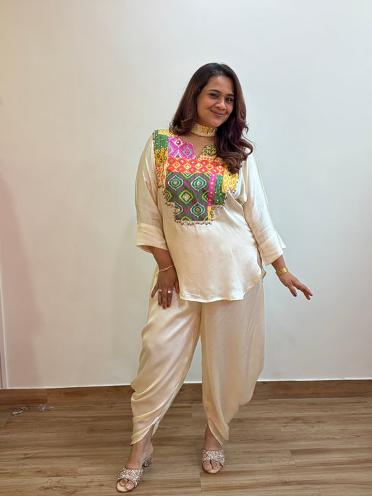 Cream Dhoti Set With Patchwork