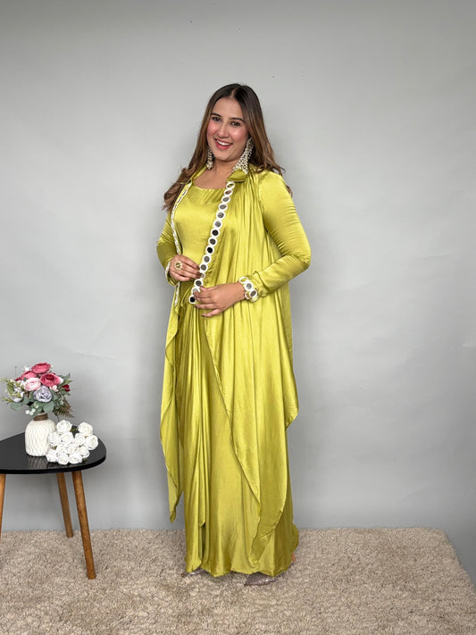 Green Skirt Set With Mirrorwork