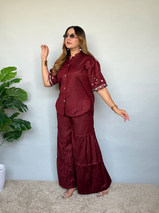 Maroon Cord Set With Embroidery
