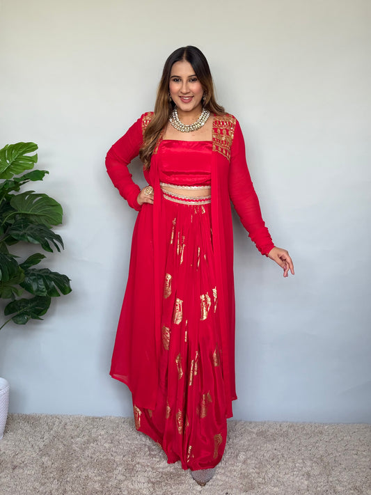 Luxurious Red And Gold 3 Piece Skirt Set
