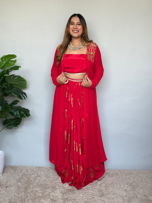 Luxurious Red And Gold 3 Piece Skirt Set