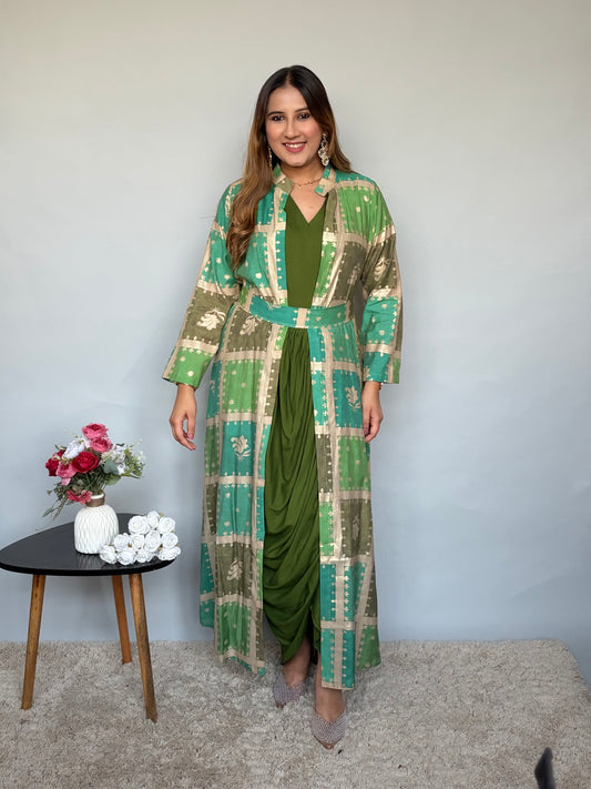 Green Cowl Dress With Jacket