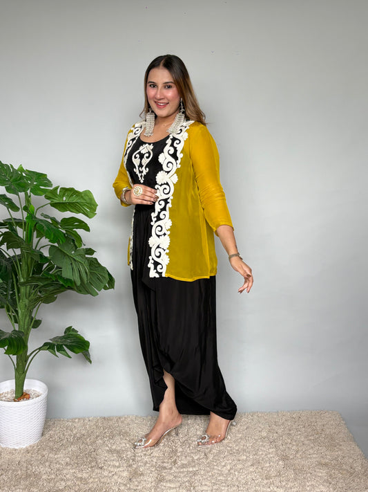 Black Drape Skirt Set With Yellow Jacket
