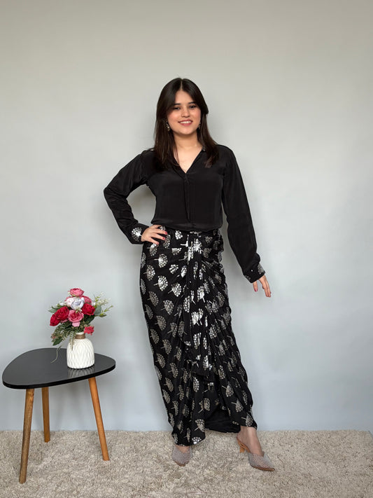 Black Skirt Set with Metallic Print