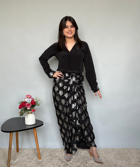 Black Skirt Set with Metallic Print
