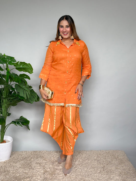 Orange Cord Set With Golden Work
