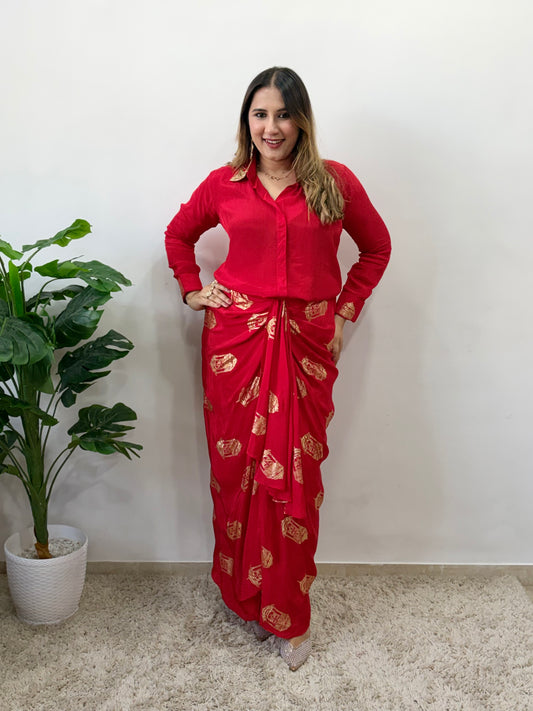 Red Skirt Set with Metallic Print