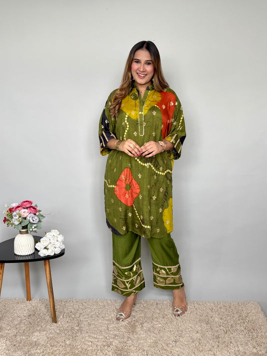 Olive Bandhani Print Cord Set