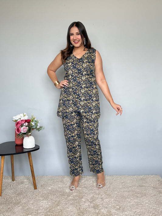 Blue Floral Cord Set With Knit Shrug