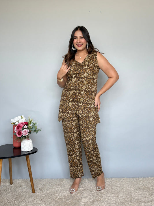 Brown Floral Cord Set With Knit Shrug