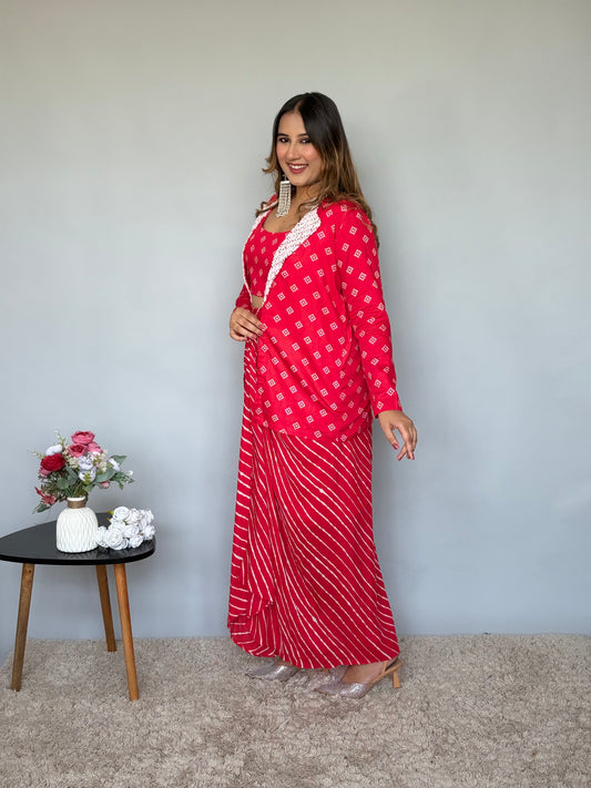 Red Bandhani Print Skirt Set With Jacket
