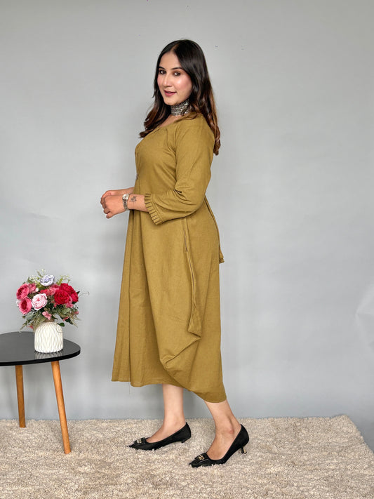 Olive Asymmetrical Dress With Adjustable Dori