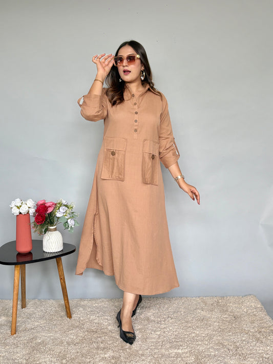 Beige Buttoned Dress With Adjustable Dori