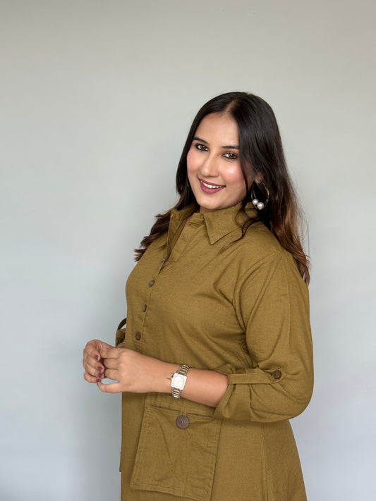 Olive Buttoned Dress With Adjustable Dori