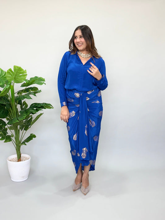 Blue Skirt Set With Metallic Print