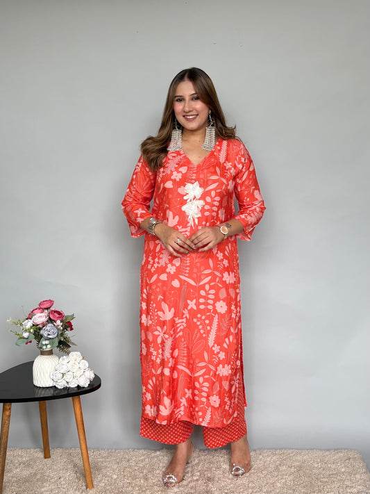 Orange Dupatta Set With Floral Prints