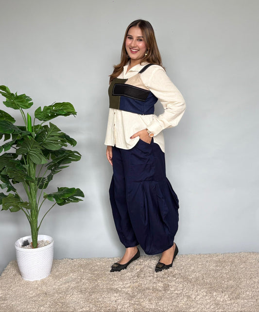 Crop Top Over Shirt With Navy Pants