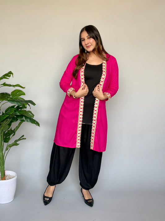 Pink Jacket With Black Top And Dhoti