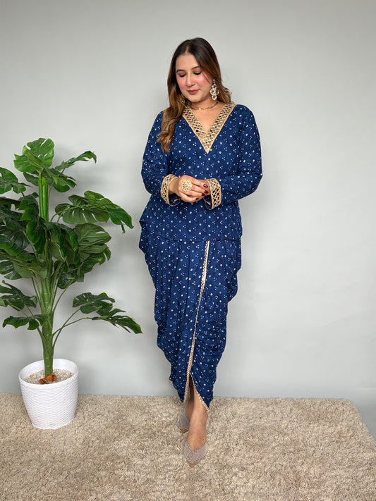 Blue Bandhani Print Skirt Set With Mirrorwork