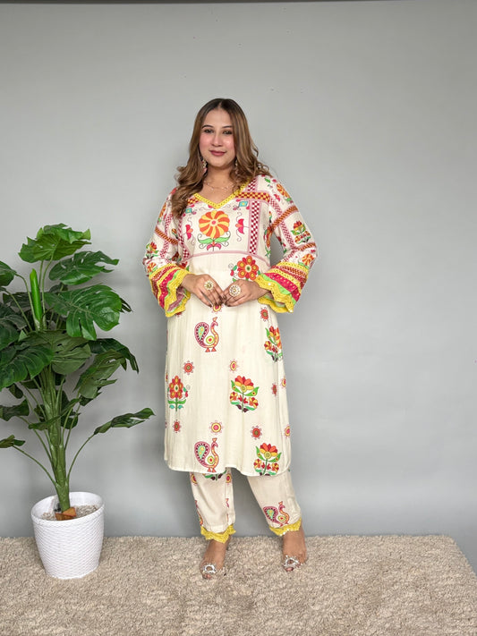 White Cord Set With Colourful Prints