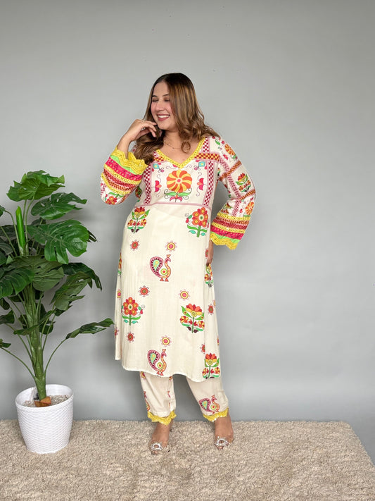 White Cord Set With Colourful Prints