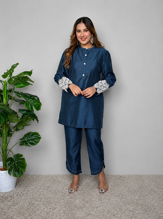 Embroidered Blue Cord Set
